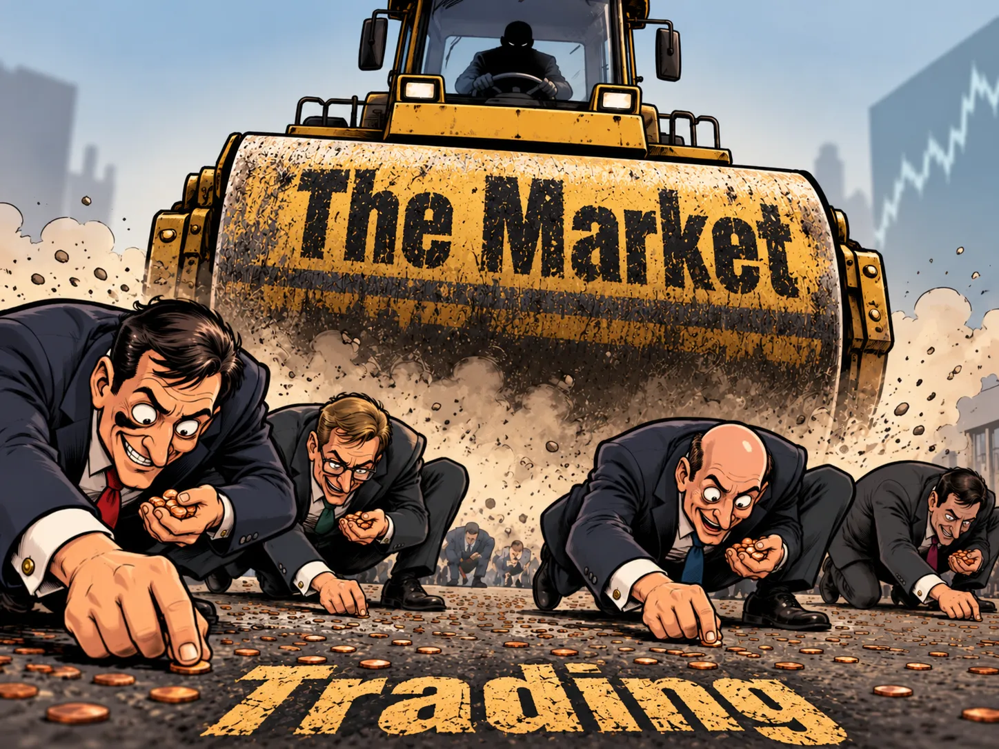 Viñeta: varios traders recogen monedas del suelo mientras se les acerca una apisonadora con el rótulo «The Market».
